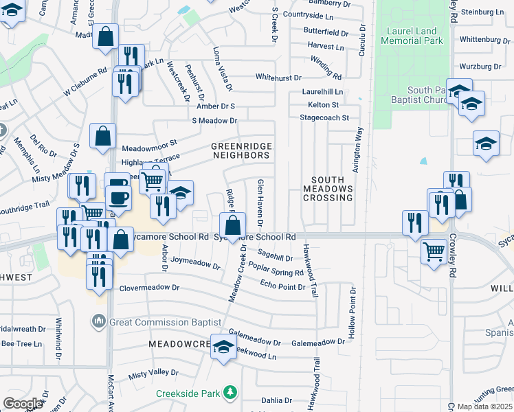 map of restaurants, bars, coffee shops, grocery stores, and more near 7400 Glen Haven Drive in Fort Worth