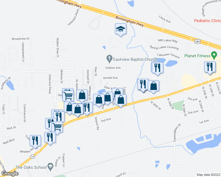 map of restaurants, bars, coffee shops, grocery stores, and more near 3405 Dale Avenue in Opelika