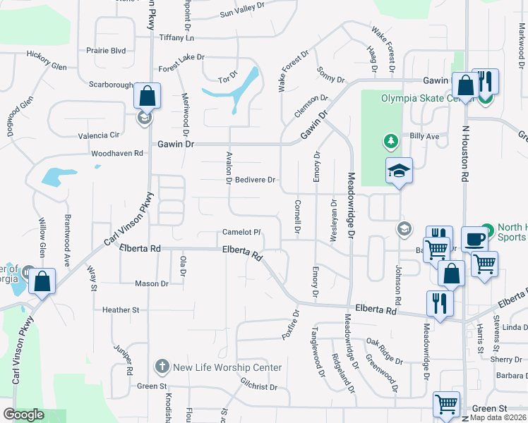 map of restaurants, bars, coffee shops, grocery stores, and more near 100 Galahad Drive in Warner Robins