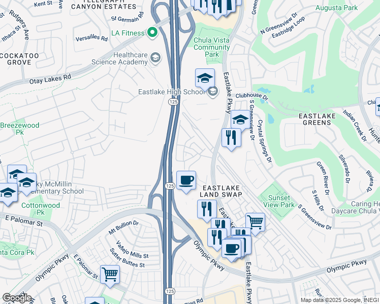 map of restaurants, bars, coffee shops, grocery stores, and more near 1243 Cabezas Cove in Chula Vista