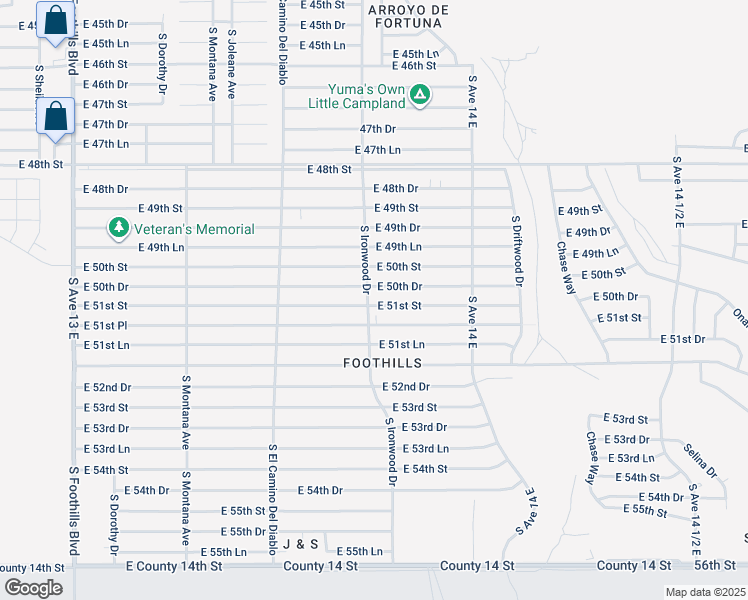 map of restaurants, bars, coffee shops, grocery stores, and more near 13542-13696 East 50th Drive in Yuma