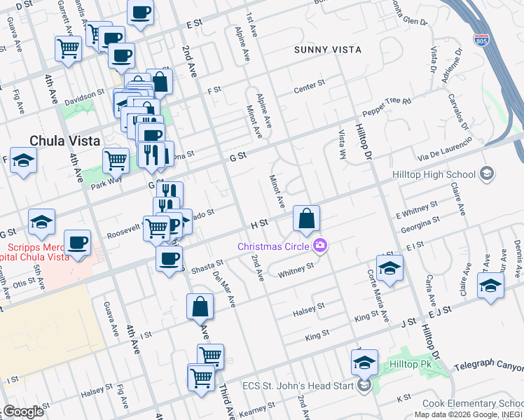 map of restaurants, bars, coffee shops, grocery stores, and more near 470 Elm Avenue in Chula Vista