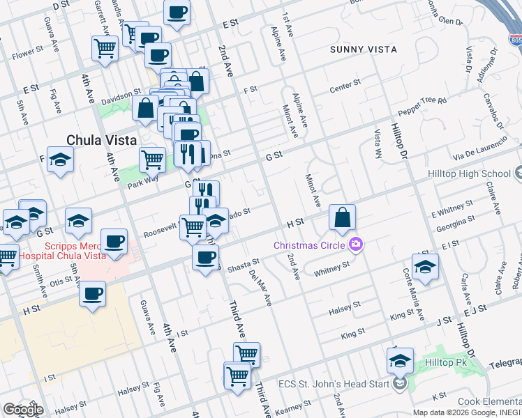 map of restaurants, bars, coffee shops, grocery stores, and more near 447 Del Mar Court in Chula Vista