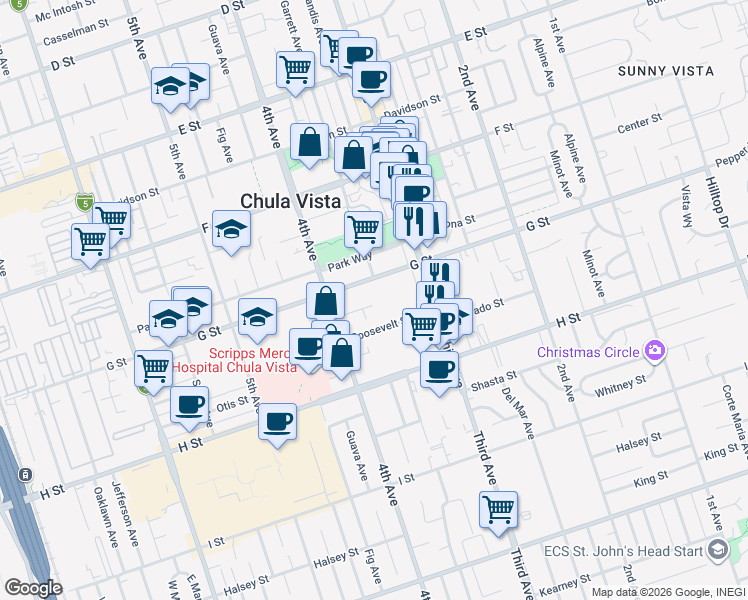 map of restaurants, bars, coffee shops, grocery stores, and more near 350 G Street in Chula Vista