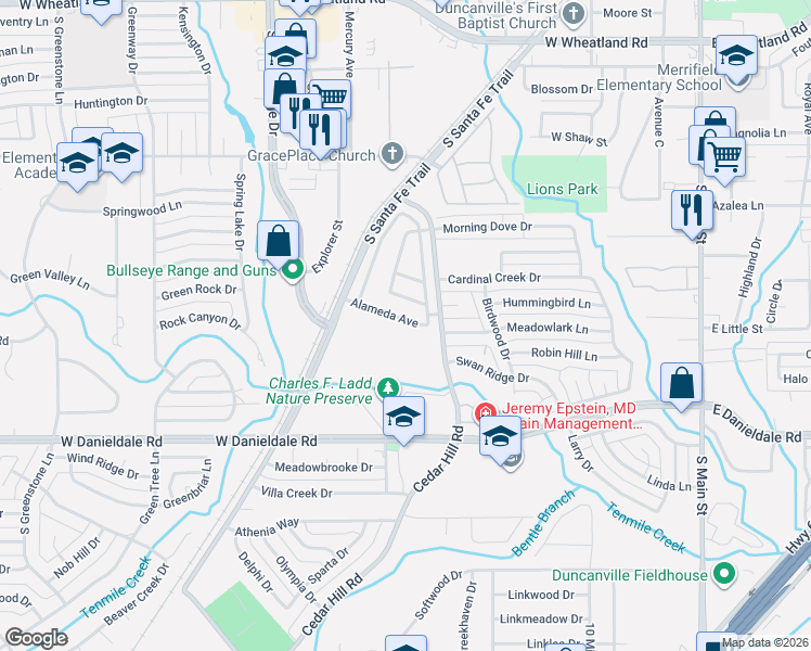 map of restaurants, bars, coffee shops, grocery stores, and more near 502 Coronado Lane in Duncanville