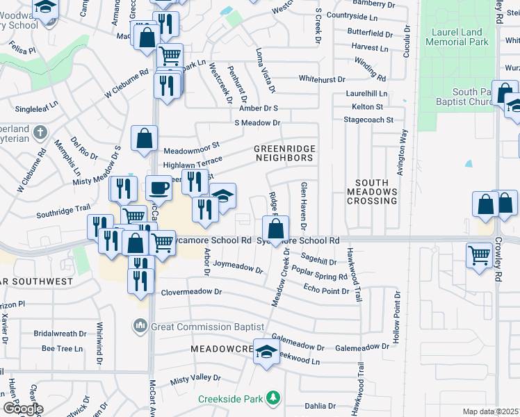 map of restaurants, bars, coffee shops, grocery stores, and more near 7301 Sycamore Trace Drive in Fort Worth