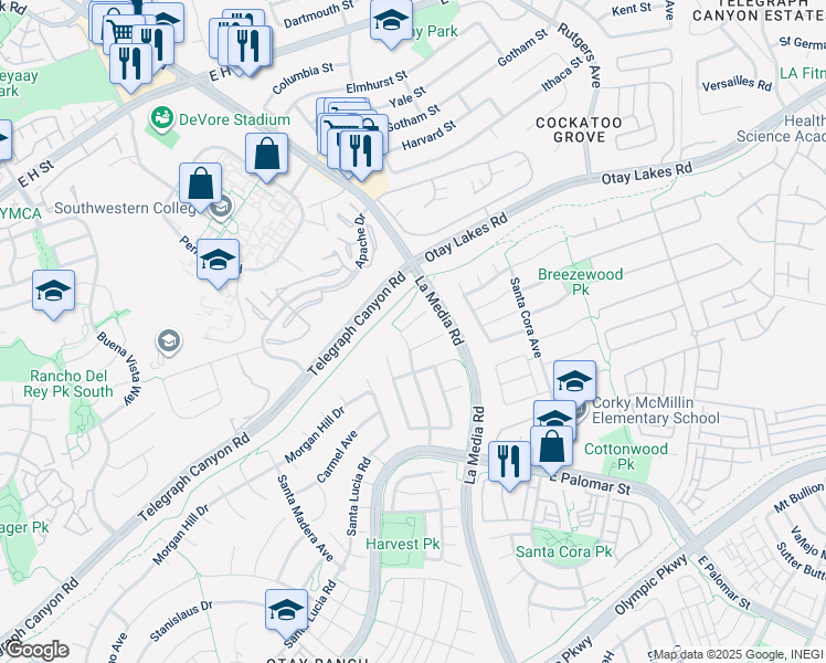 map of restaurants, bars, coffee shops, grocery stores, and more near 1626 Coolsprings Court in Chula Vista