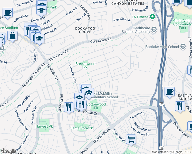map of restaurants, bars, coffee shops, grocery stores, and more near 1827 Sheep Ranch Loop in Chula Vista