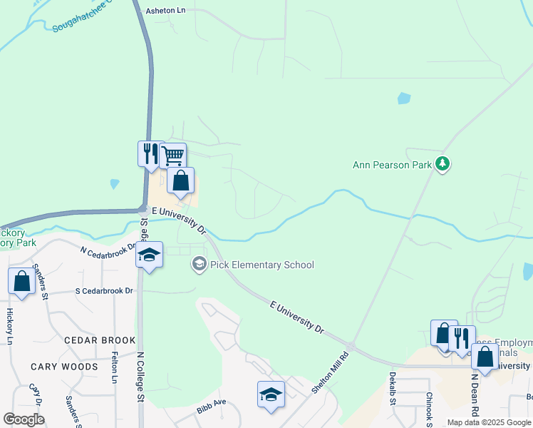 map of restaurants, bars, coffee shops, grocery stores, and more near 2850 East University Drive in Auburn