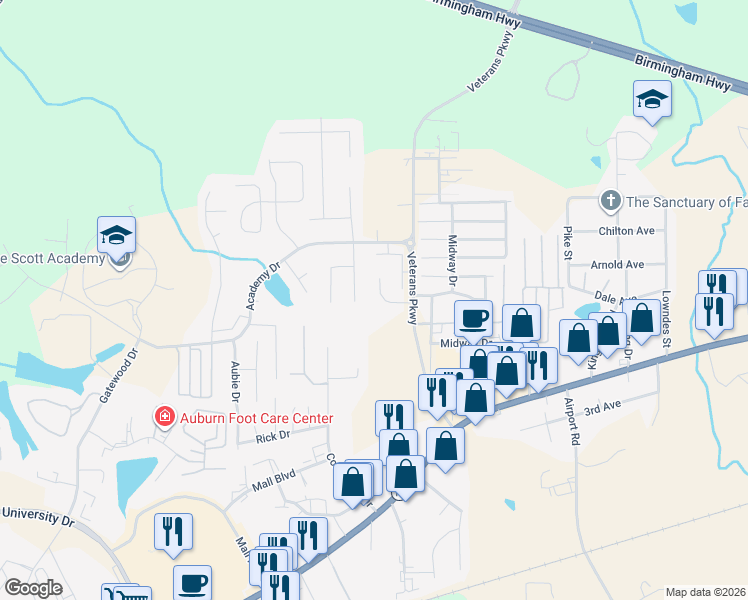 map of restaurants, bars, coffee shops, grocery stores, and more near 3918 Eagle Ridge Lane in Opelika