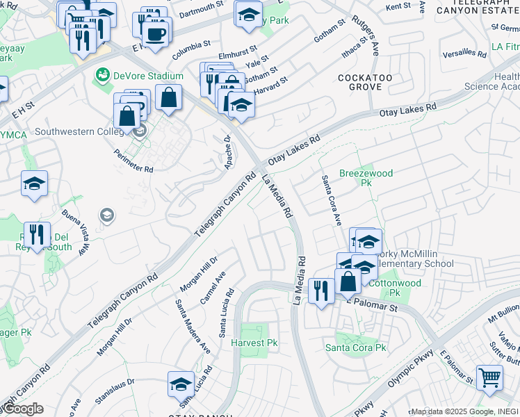 map of restaurants, bars, coffee shops, grocery stores, and more near 1626 Coolsprings Court in Chula Vista