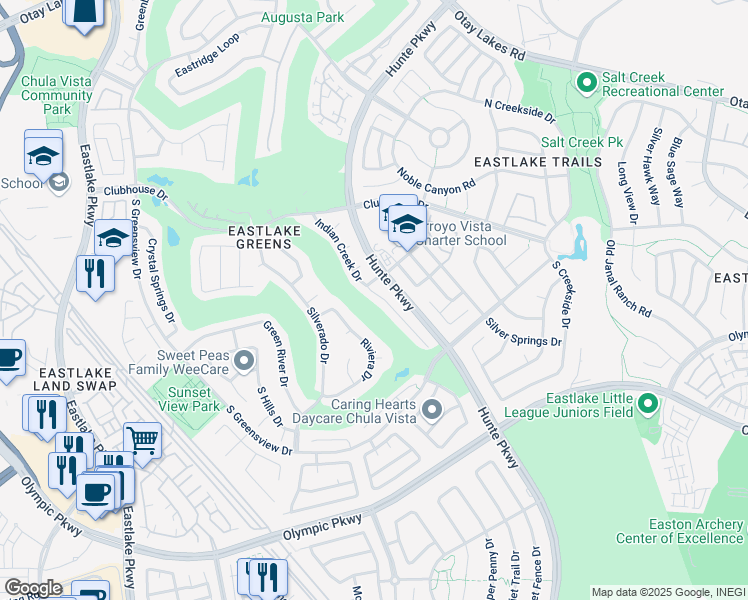 map of restaurants, bars, coffee shops, grocery stores, and more near 1321 Indian Creek Place in Chula Vista