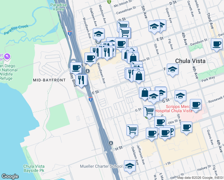 map of restaurants, bars, coffee shops, grocery stores, and more near in Chula Vista