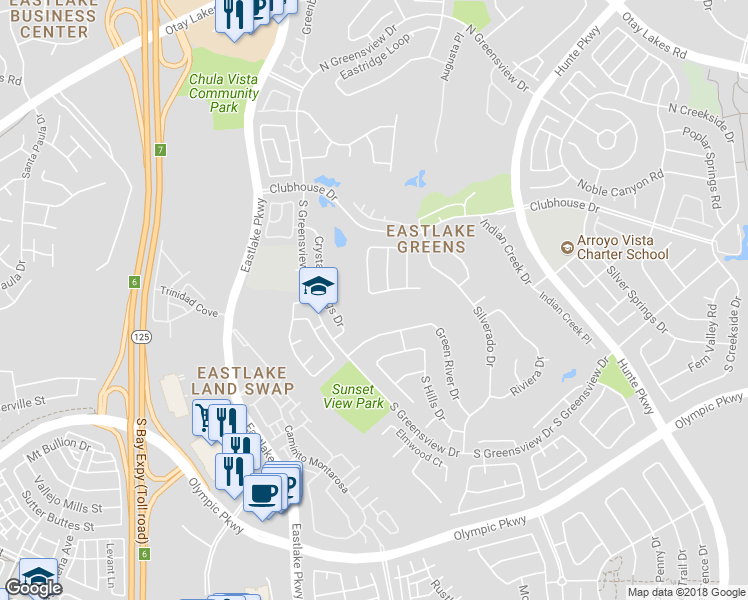 map of restaurants, bars, coffee shops, grocery stores, and more near 2304 Spanish Bay Road in Chula Vista
