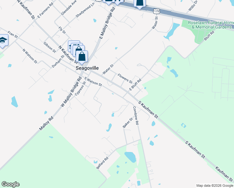 map of restaurants, bars, coffee shops, grocery stores, and more near 598 South Watson Street in Seagoville