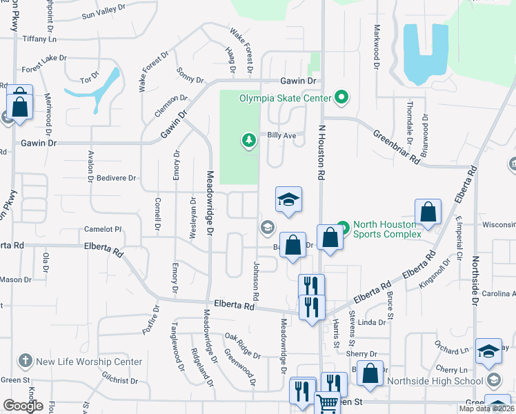 map of restaurants, bars, coffee shops, grocery stores, and more near 413 Johnson Road in Warner Robins