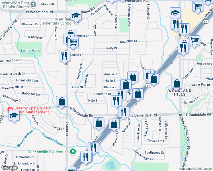 map of restaurants, bars, coffee shops, grocery stores, and more near 402 Bella Street in Duncanville