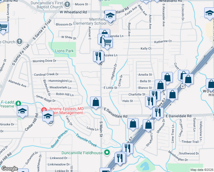map of restaurants, bars, coffee shops, grocery stores, and more near 135 Austin Stone Drive in Duncanville