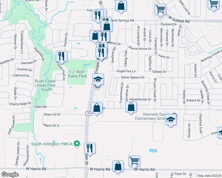 map of restaurants, bars, coffee shops, grocery stores, and more near 6617 Olivewood Drive in Arlington