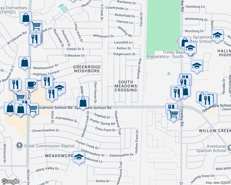 map of restaurants, bars, coffee shops, grocery stores, and more near 7304 Nohl Ranch Road in Fort Worth