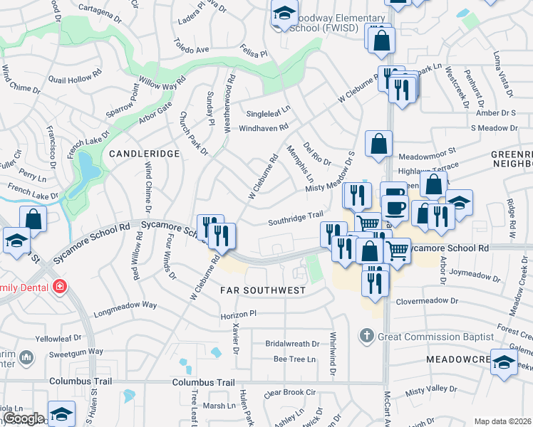 map of restaurants, bars, coffee shops, grocery stores, and more near 7304 Misty Meadow Drive South in Fort Worth