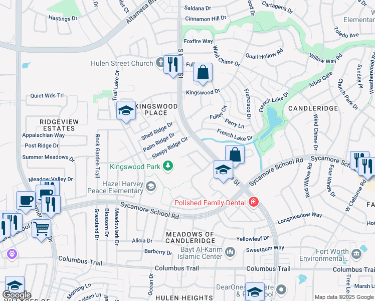 map of restaurants, bars, coffee shops, grocery stores, and more near 4609 Sleepy Ridge Circle in Fort Worth