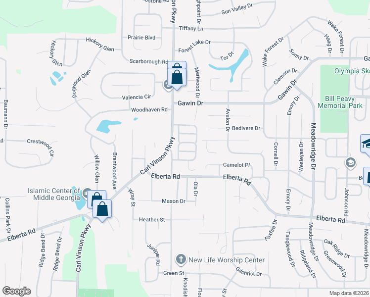 map of restaurants, bars, coffee shops, grocery stores, and more near 407 Eagles Landing Trail in Warner Robins