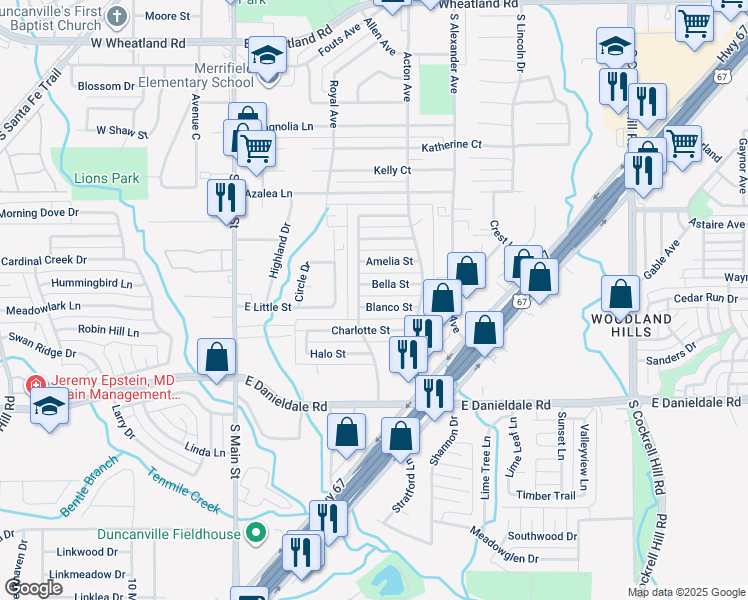 map of restaurants, bars, coffee shops, grocery stores, and more near 402 Bella Street in Duncanville