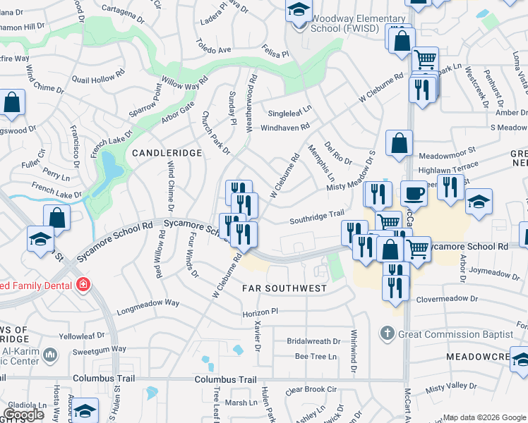 map of restaurants, bars, coffee shops, grocery stores, and more near West Cleburne Road in Fort Worth