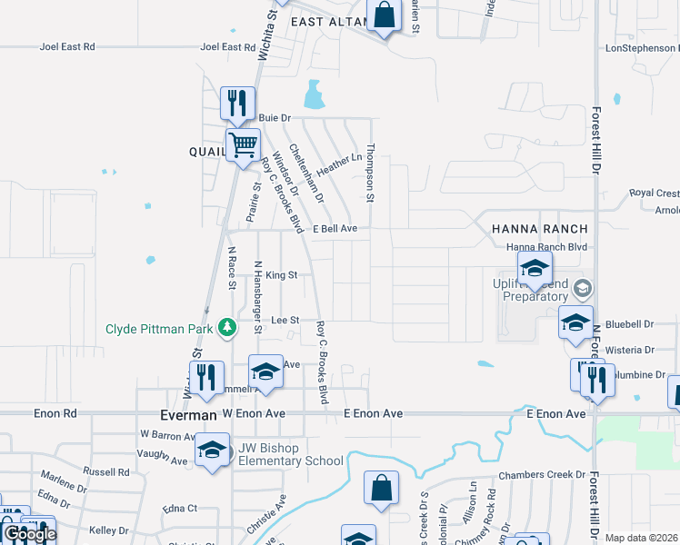 map of restaurants, bars, coffee shops, grocery stores, and more near Roy C. Brooks Boulevard in Everman