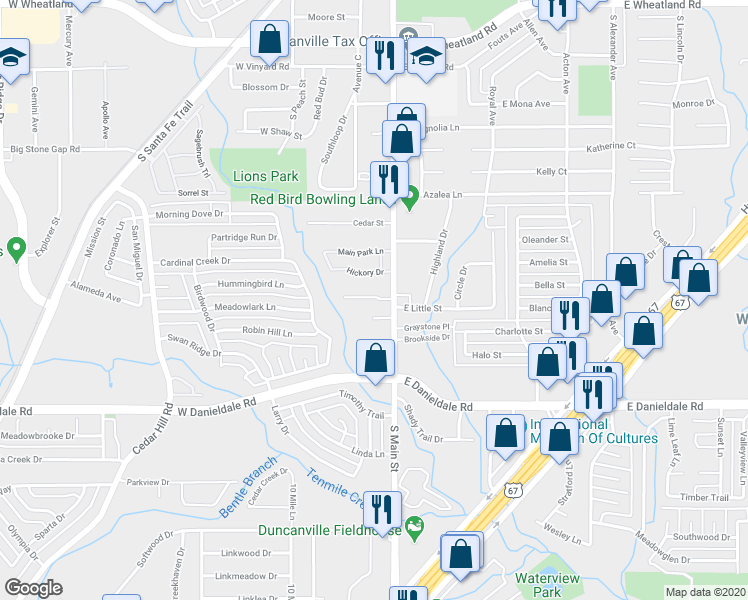 map of restaurants, bars, coffee shops, grocery stores, and more near 1329 South Main Street in Duncanville