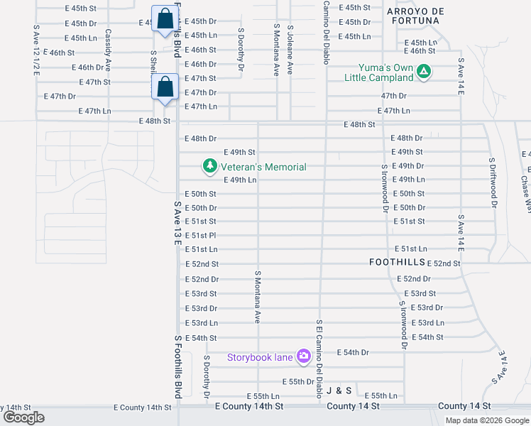 map of restaurants, bars, coffee shops, grocery stores, and more near 13318 East 50th Drive in Yuma