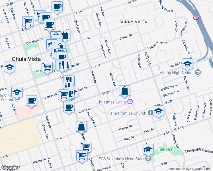 map of restaurants, bars, coffee shops, grocery stores, and more near 470 Elm Avenue in Chula Vista