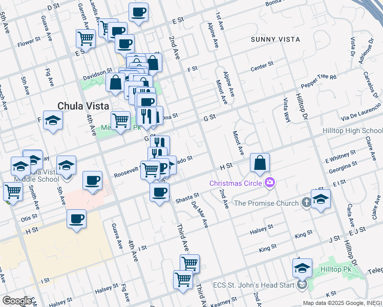 map of restaurants, bars, coffee shops, grocery stores, and more near 447 Del Mar Court in Chula Vista