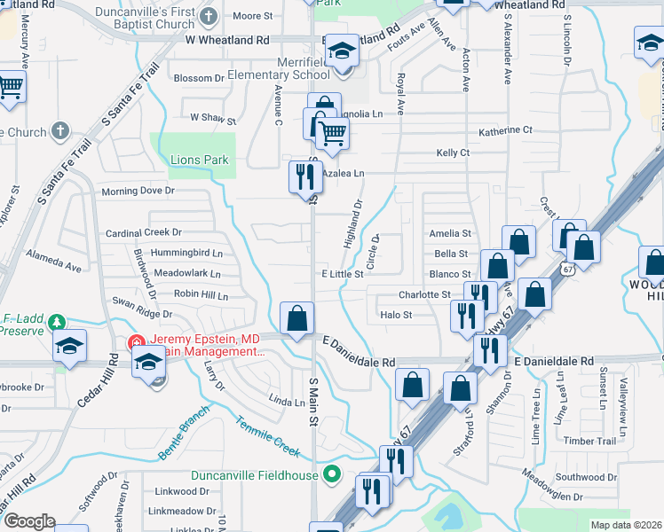 map of restaurants, bars, coffee shops, grocery stores, and more near 135 Austin Stone Drive in Duncanville