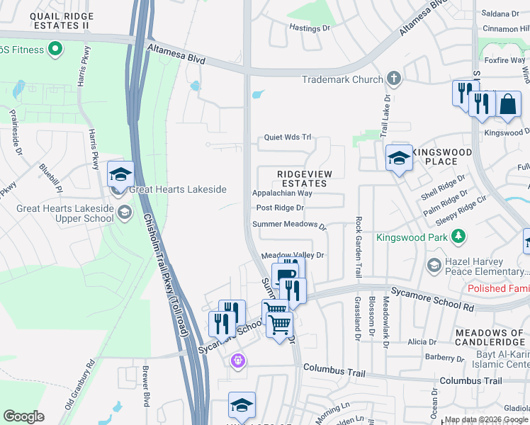 map of restaurants, bars, coffee shops, grocery stores, and more near 5512 Post Ridge Drive in Fort Worth