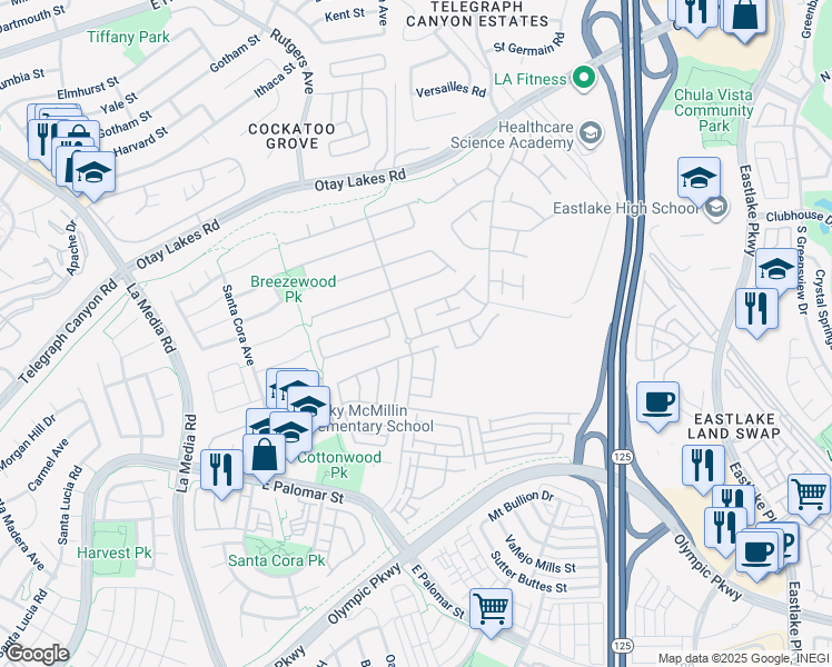 map of restaurants, bars, coffee shops, grocery stores, and more near 1869 Petaluma Drive in Chula Vista