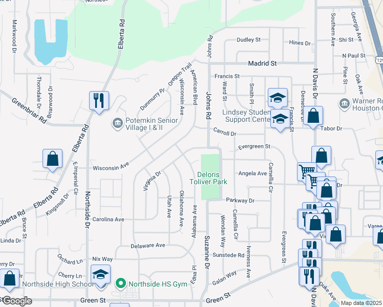 map of restaurants, bars, coffee shops, grocery stores, and more near 303 Virginia Drive in Warner Robins