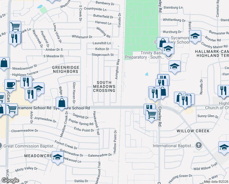 map of restaurants, bars, coffee shops, grocery stores, and more near 7305 Avington Way in Fort Worth