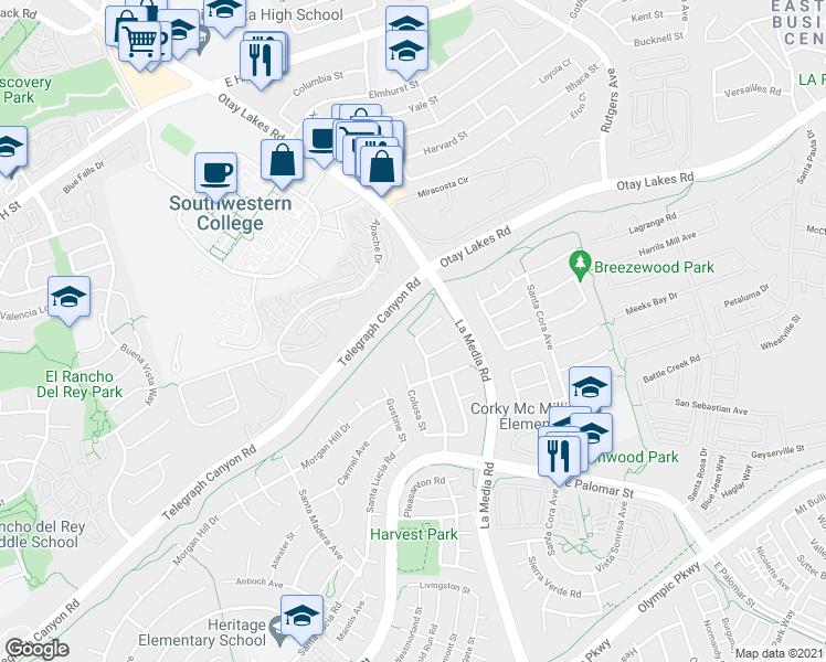 map of restaurants, bars, coffee shops, grocery stores, and more near 1619 Coolsprings Court in Chula Vista