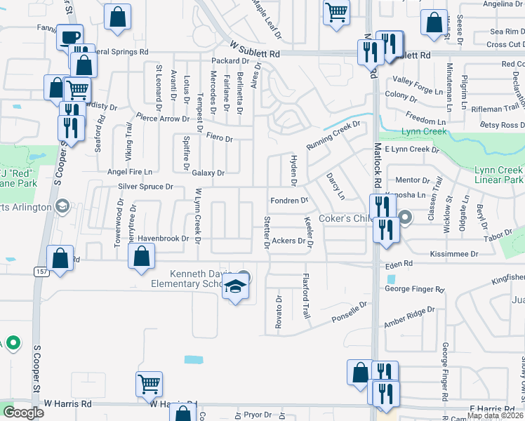 map of restaurants, bars, coffee shops, grocery stores, and more near 6612 Stetter Drive in Arlington