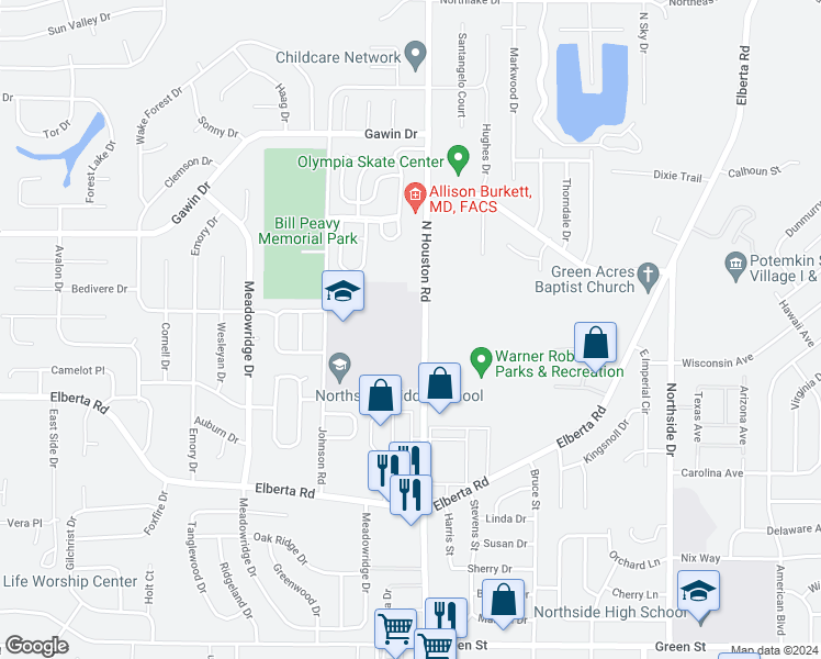 map of restaurants, bars, coffee shops, grocery stores, and more near 875 North Houston Road in Warner Robins