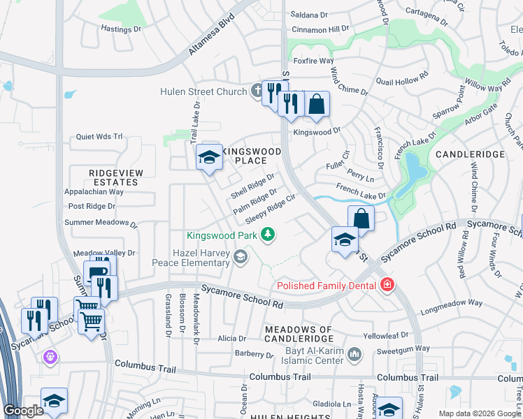 map of restaurants, bars, coffee shops, grocery stores, and more near 4813 Palm Ridge Drive in Fort Worth