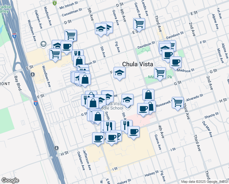 map of restaurants, bars, coffee shops, grocery stores, and more near 364 5th Avenue in Chula Vista