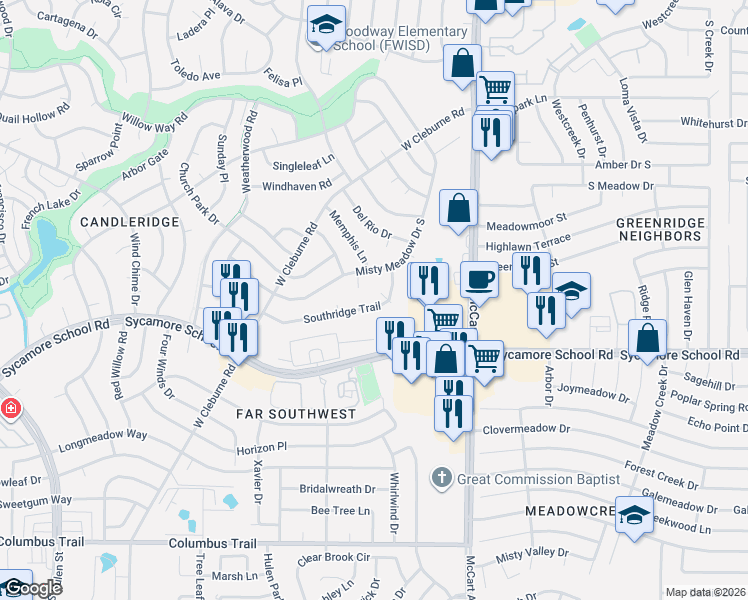 map of restaurants, bars, coffee shops, grocery stores, and more near 3705 Key West Court in Fort Worth