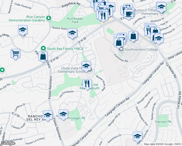 map of restaurants, bars, coffee shops, grocery stores, and more near 975 Buena Vista Way in Chula Vista