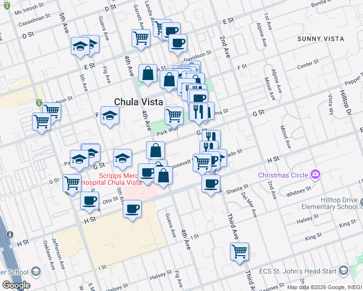 map of restaurants, bars, coffee shops, grocery stores, and more near 350 G Street in Chula Vista