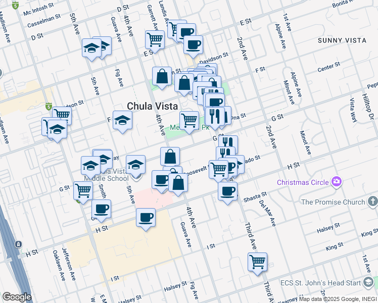map of restaurants, bars, coffee shops, grocery stores, and more near 350 G Street in Chula Vista
