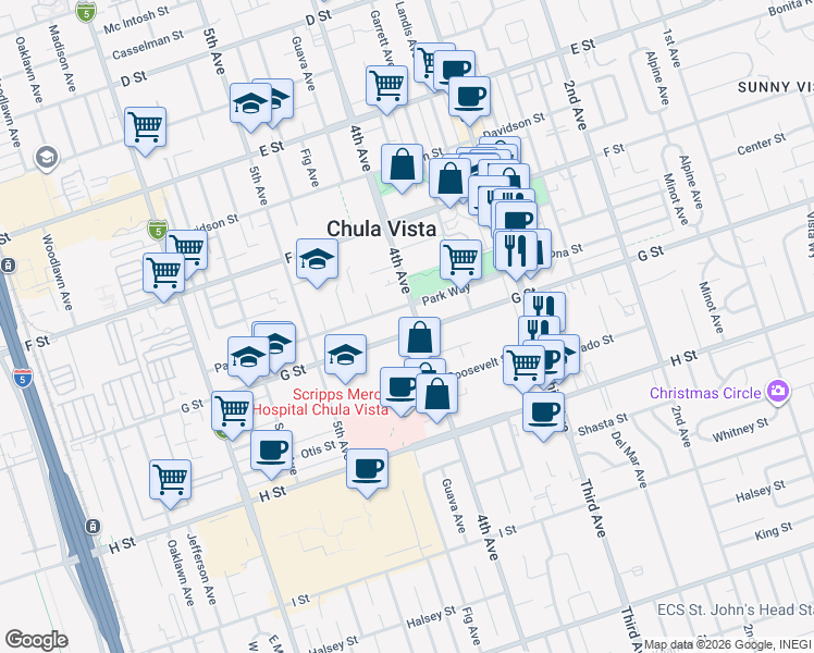 map of restaurants, bars, coffee shops, grocery stores, and more near 399 G Street in Chula Vista