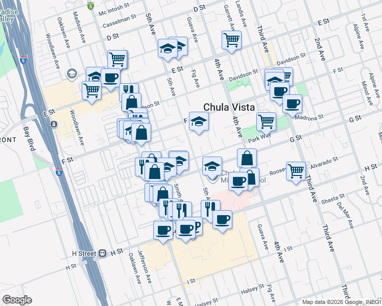 map of restaurants, bars, coffee shops, grocery stores, and more near 361 5th Avenue in Chula Vista